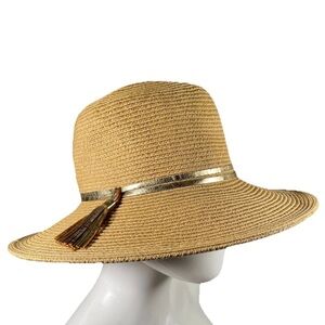 August Hat Company Women’s Wide Brim Sun Hat Fedora Gold Tassel Band Straw Paper